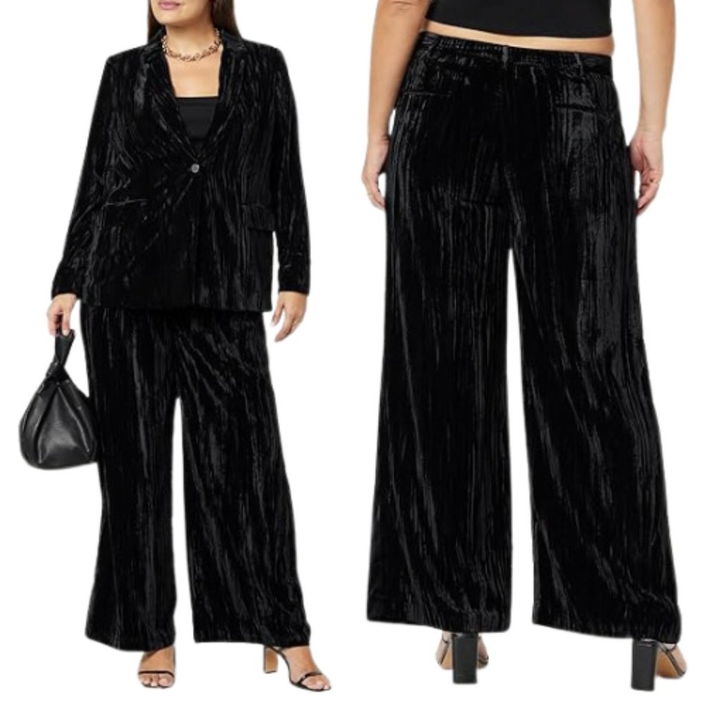 Nordstrom Wide Leg Velvet Pants Lucia Trouser Black SZ 16 LIKE NEW - Picture 2 of 16